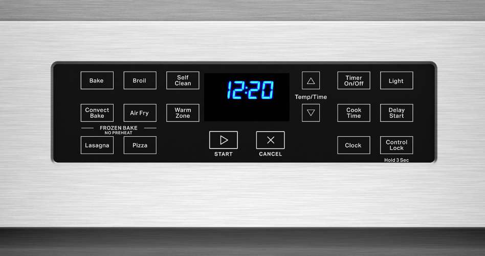 A Whirlpool oven's control panel. Buttons include, "Bake", "Broil", "Convect Bake", "Air Fry", "Warm Zone", "Lasagna" and "Pizza" under "Frozen Bake", "Start", "Cancel", Temp up and down, "Timer On/Off", "Cook Time", "Clock", "Light", "Delay Start" and "Control Lock".