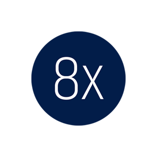 A blue circle with "8x". Refers to Swash being eight times concentrated so you can use less detergent.