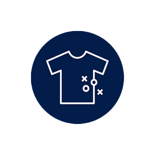 A blue circle with a t-shirt icon and two small white circles and two small Xs. Refers to the stain-fighting technology of Swash.
